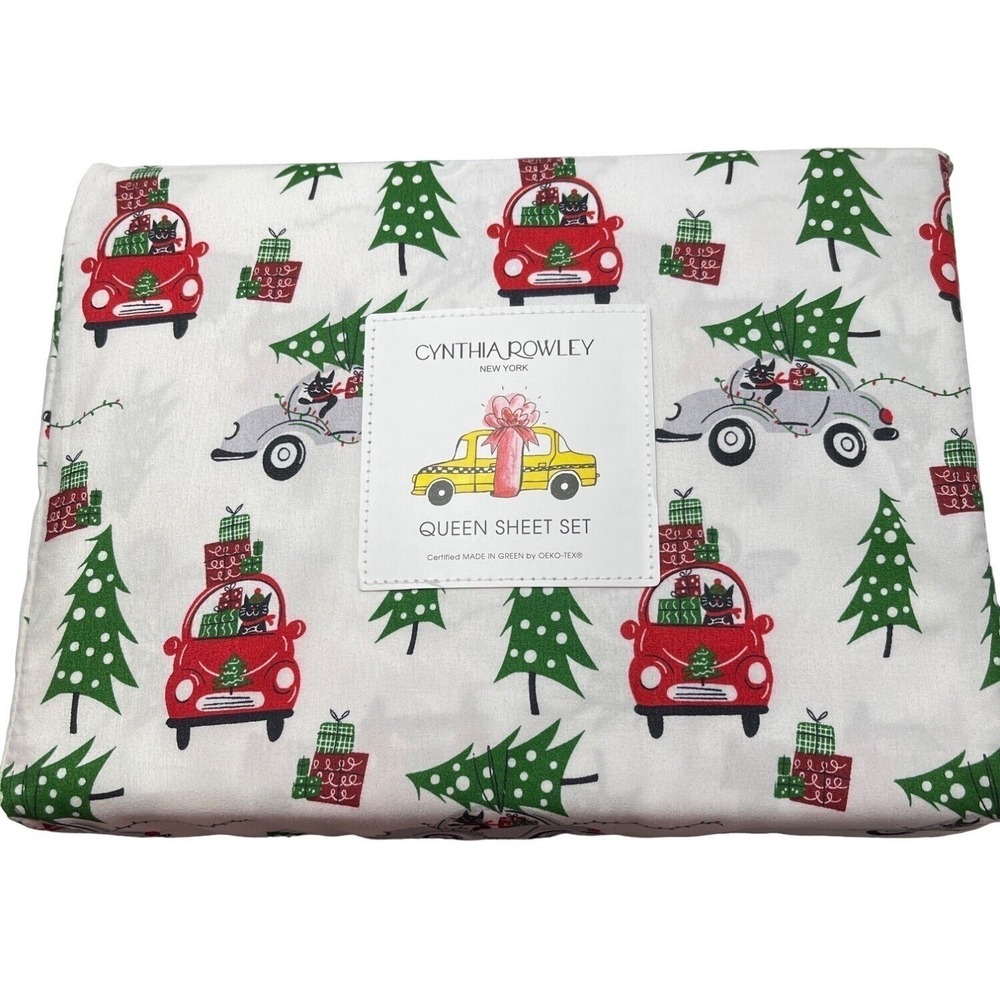 Cynthia Rowley‎ Queen Sheet Set Christmas Cats Cars Trees Microfiber